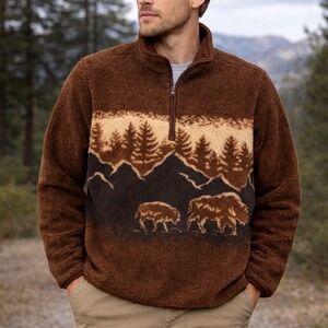 Old Navy NWT Sherpa Fleece Buffalo Western Mountain Pullover Jacket L Cabin Hunt